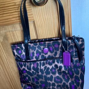 Leopard Print Tote Bag with Purple Accents NEW coach F25282